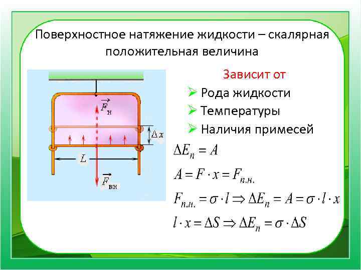 Поверхностное натяжение жидкости – скалярная положительная величина Зависит от Ø Рода жидкости Ø Температуры