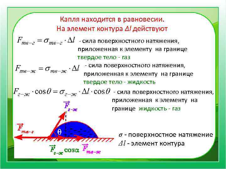 Капля находится в равновесии. На элемент контура ∆l действуют - сила поверхностного натяжения, приложенная