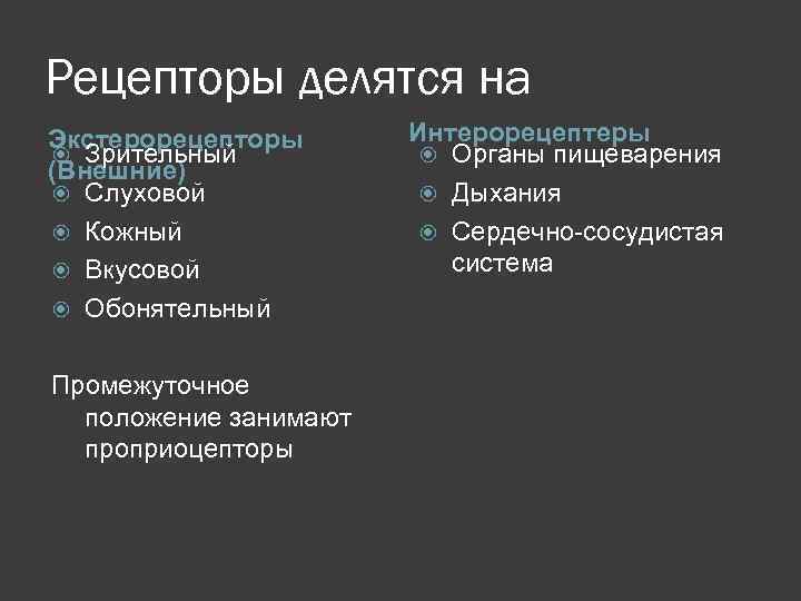 Рецепторы делятся на Экстерорецепторы Зрительный (Внешние) Слуховой Кожный Вкусовой Обонятельный Промежуточное положение занимают проприоцепторы