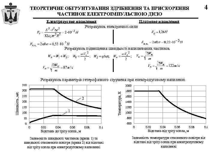 ТЕОРЕТИЧНЕ ОБГРУНТУВАННЯ ЗДРІБНЕННЯ ТА ПРИСКОРЕННЯ ЧАСТИНОК ЕЛЕКТРОІМПУЛЬСНОЮ ДІЄЮ 4 Електродугове напилення Плазмове напилення Розрахунок