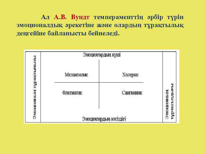 Ал А. В. Вундт темпераменттің әрбір түрін эмоционалдық әрекетіне және олардың тұрақтылық деңгейіне байланысты