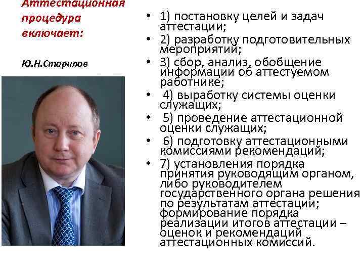 Аттестационная процедура включает: Ю. Н. Старилов • 1) постановку целей и задач аттестации; •