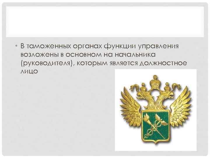  • В таможенных органах функции управления возложены в основном на начальника (руководителя), которым