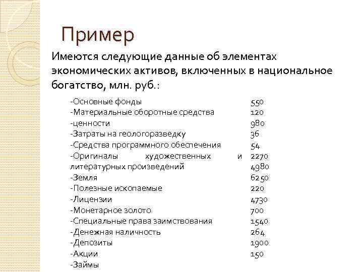 Пример Имеются следующие данные об элементах экономических активов, включенных в национальное богатство, млн. руб.