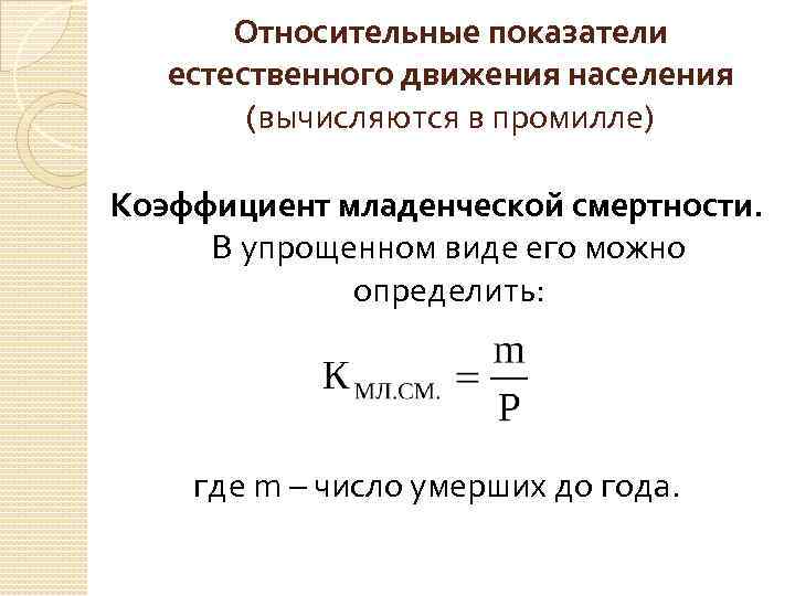 Относительные показатели естественного движения населения (вычисляются в промилле) Коэффициент младенческой смертности. В упрощенном виде