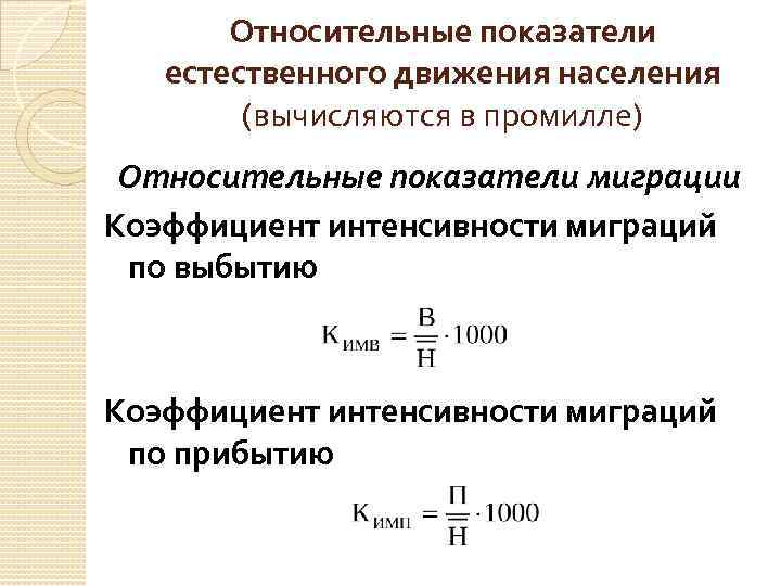 Относительные показатели естественного движения населения (вычисляются в промилле) Относительные показатели миграции Коэффициент интенсивности миграций