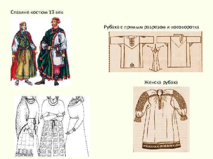 Славяне костюм 13 век Рубаха с прямым разрезом и косоворотка Женска рубаха 