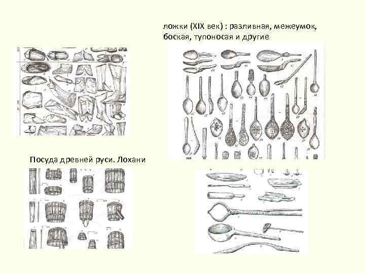 ложки (ХIХ век) : разливная, межеумок, боская, тупоносая и другие Посуда древней руси. Лохани