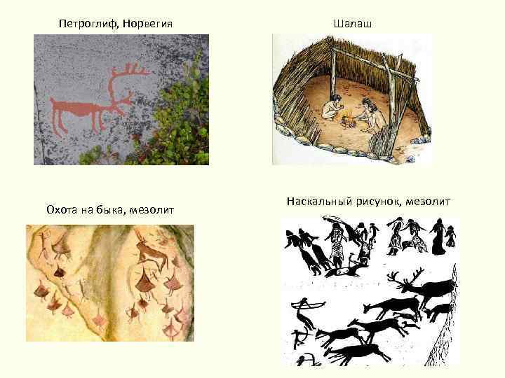 Петроглиф, Норвегия Охота на быка, мезолит Шалаш Наскальный рисунок, мезолит 