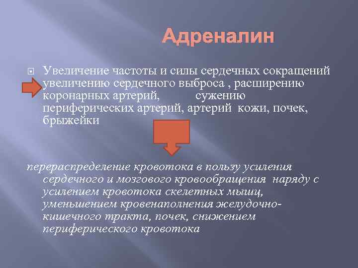 Адреналин Увеличение частоты и силы сердечных сокращений увеличению сердечного выброса , расширению коронарных артерий,