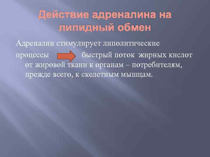 Действие адреналина на липидный обмен Адреналин стимулирует липолитические процессы быстрый поток жирных кислот от