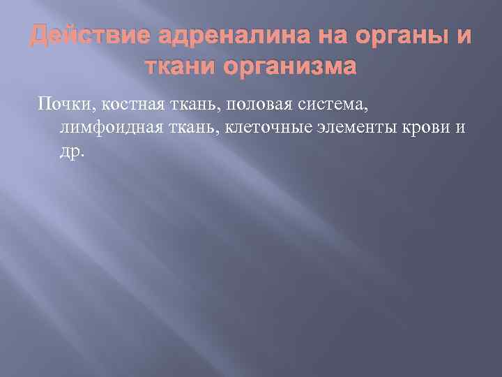 Действие адреналина на органы и ткани организма Почки, костная ткань, половая система, лимфоидная ткань,