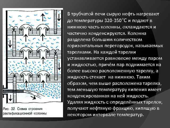 В трубчатой печи сырую нефть нагревают до температуры 320 -350°C и подают в нижнюю