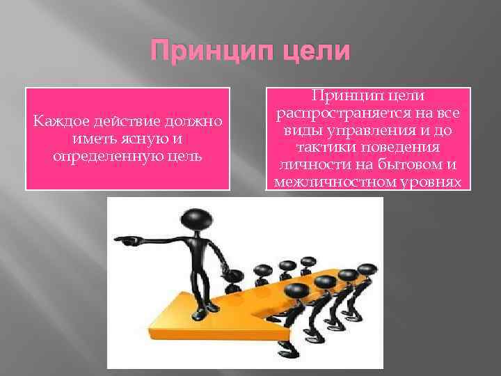 Принцип цели Каждое действие должно иметь ясную и определенную цель Принцип цели распространяется на