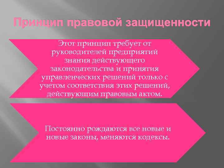 Принцип правовой защищенности Этот принцип требует от руководителей предприятий знания действующего законодательства и принятия