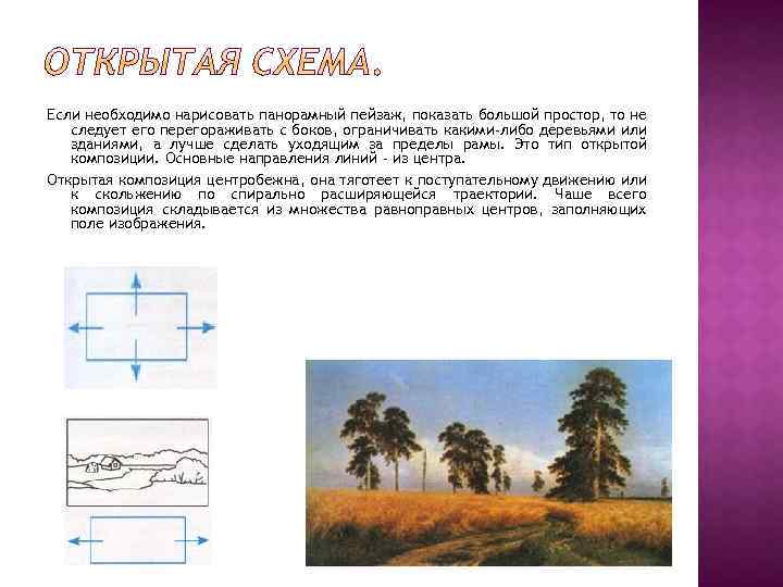 Если необходимо нарисовать панорамный пейзаж, показать большой простор, то не следует его перегораживать с