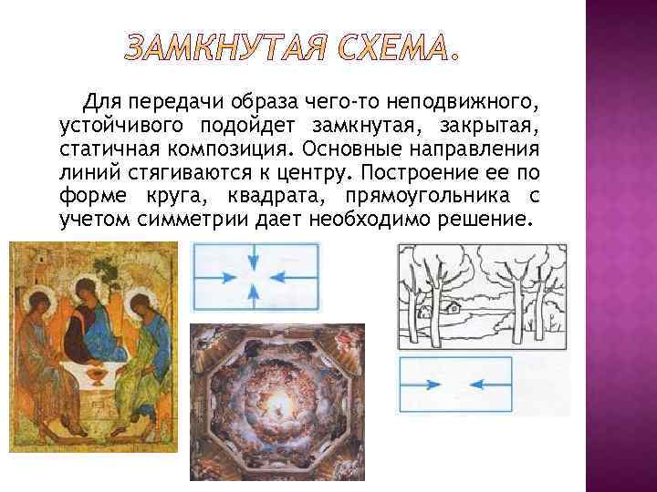 Для передачи образа чего-то неподвижного, устойчивого подойдет замкнутая, закрытая, статичная композиция. Основные направления линий