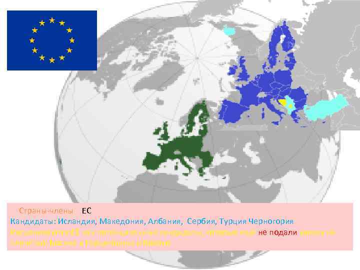  Страны-члены ЕС Кандидаты: Исландия, Македония, Албания, Сербия, Турция Черногория Расцениваются ЕС как потенциальные