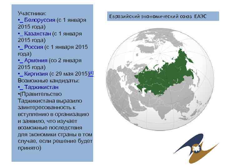 Участники: • Белоруссия (с 1 января 2015 года) • Казахстан (с 1 января 2015