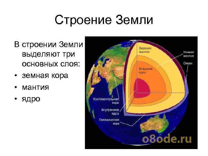 Строение Земли В строении Земли выделяют три основных слоя: • земная кора • мантия