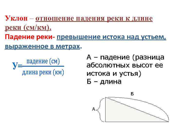 Уклон – отношение падения реки к длине реки (см/км). Падение реки- превышение истока над