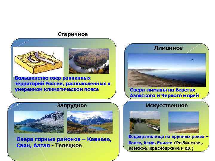 Старичное Лиманное Большинство озер равнинных территорий России, расположенных в умеренном климатическом поясе Запрудное Озера