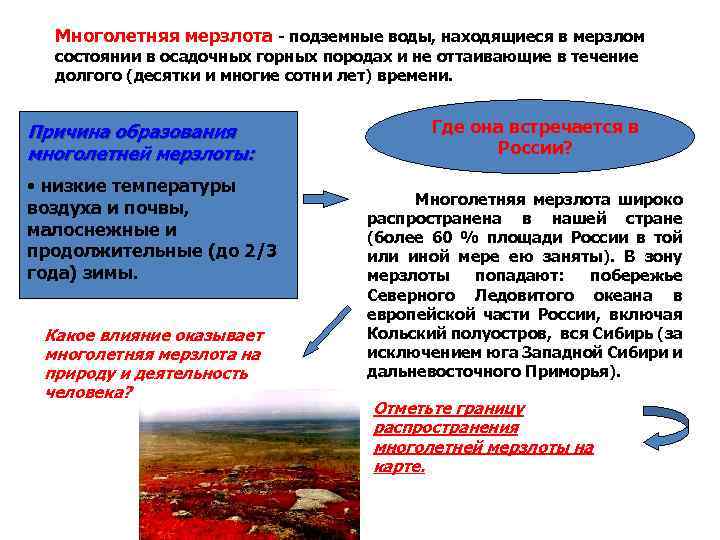 Многолетняя мерзлота - подземные воды, находящиеся в мерзлом состоянии в осадочных горных породах и