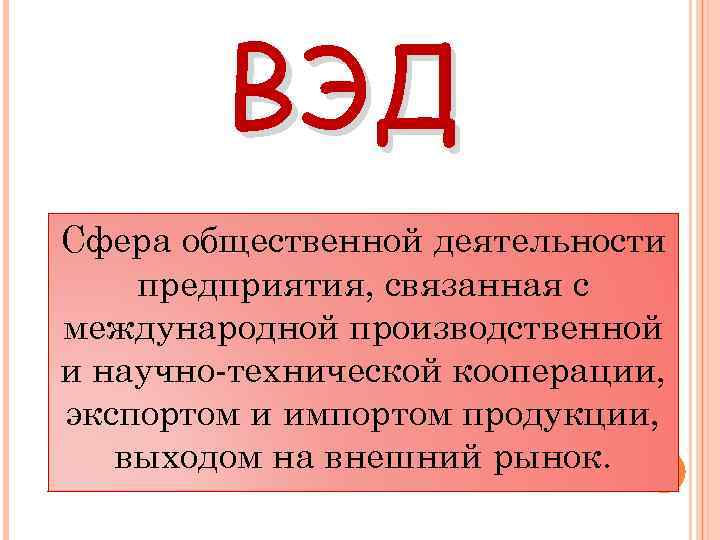 ВЭД Сфера общественной деятельности предприятия, связанная с международной производственной и научно-технической кооперации, экспортом и