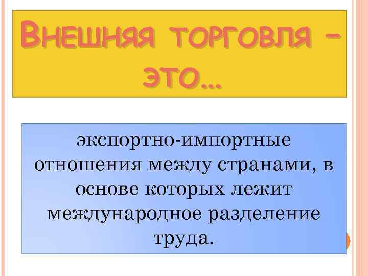 ВНЕШНЯЯ ТОРГОВЛЯ ЭТО… – экспортно-импортные отношения между странами, в основе которых лежит международное разделение