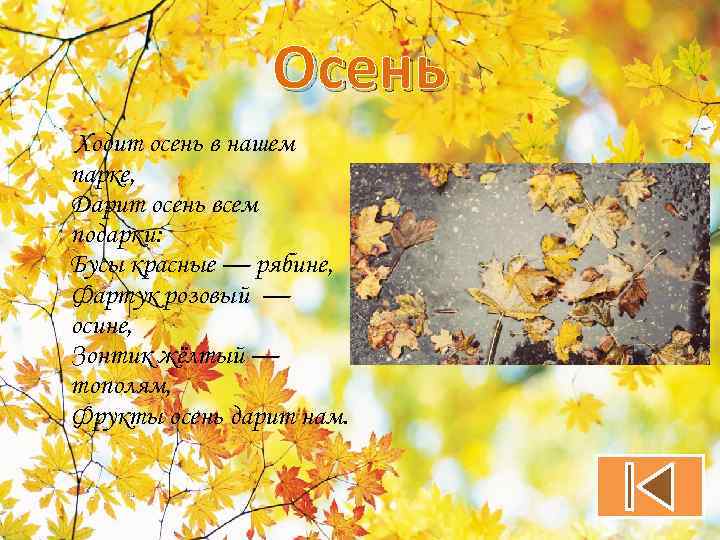 Ходит осень. Ходит осень в нашем парке дарит осень всем. Ходит осень в нашем парке дарит осень всем подарки бусы. Осень дарит нам подарки стих.