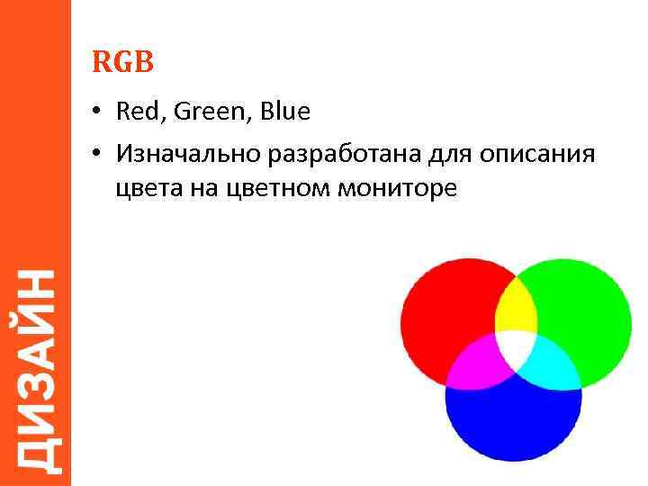 RGB • Red, Green, Blue • Изначально разработана для описания цвета на цветном мониторе