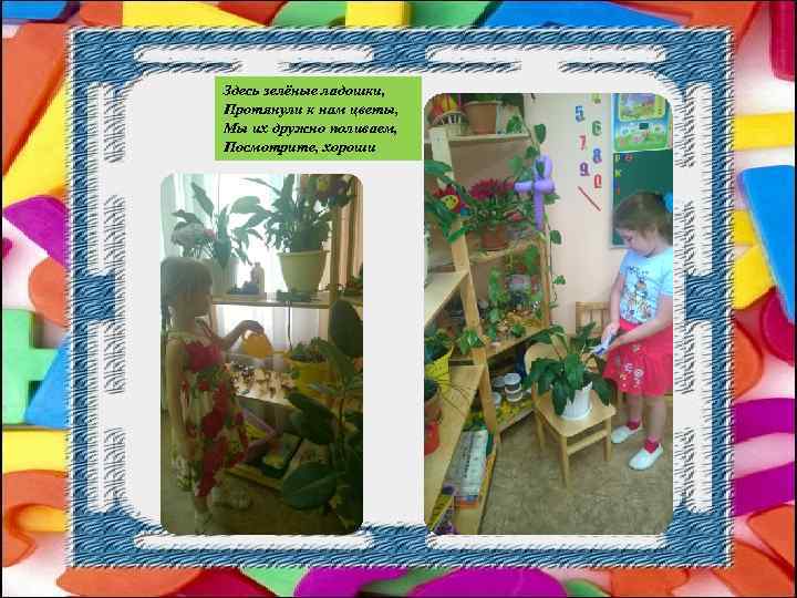 Здесь зелёные ладошки, Протянули к нам цветы, Мы их дружно поливаем, Посмотрите, хороши 