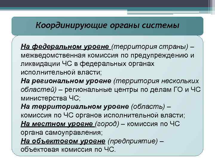 Координирующие органы системы На федеральном уровне (территория страны) – межведомственная комиссия по предупреждению и