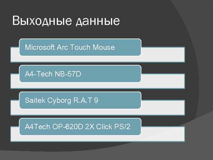 Выходные данные Microsoft Arc Touch Mouse A 4 -Tech NB-57 D Saitek Cyborg R.