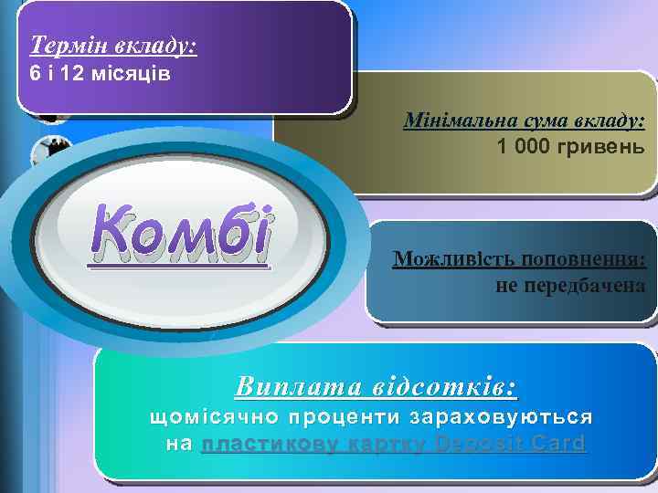 Термін вкладу: 6 і 12 місяців Мінімальна сума вкладу: 1 000 гривень Комбі Можливість