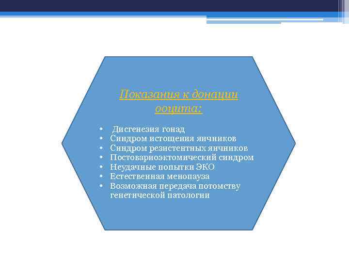 Показания к донации ооцита: • • Дисгенезия гонад Синдром истощения яичников Синдром резистентных яичников