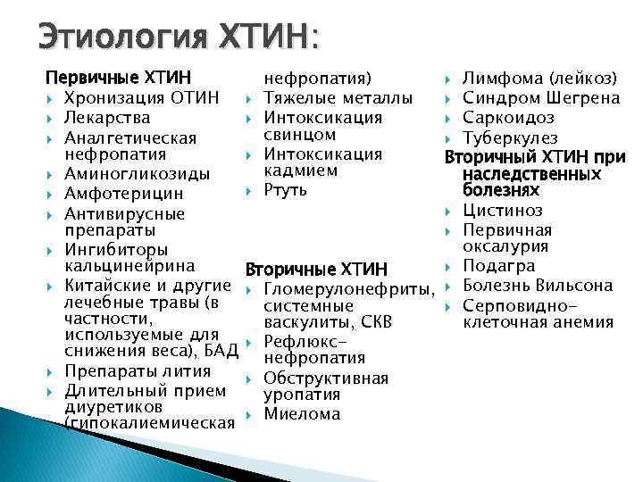 Этиология ХТИН: Первичные ХТИН нефропатия) Лимфома (лейкоз) Хронизация ОТИН Синдром Шегрена Тяжелые металлы Саркоидоз