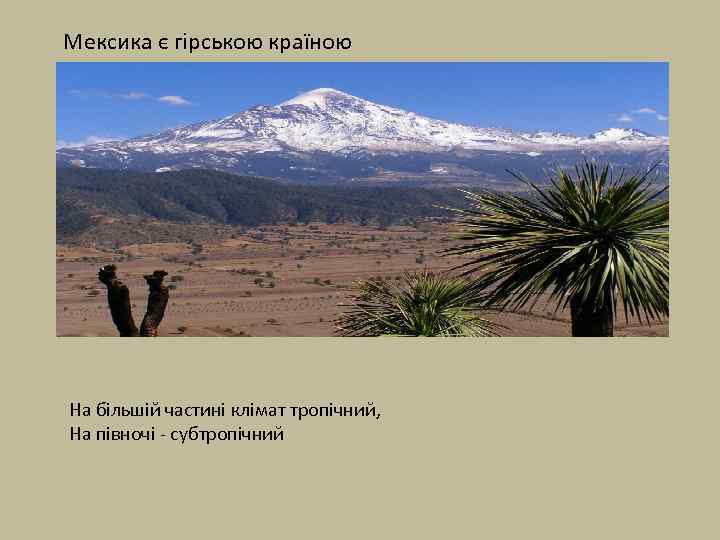 Мексика є гірською країною На більшій частині клімат тропічний, На півночі - субтропічний 