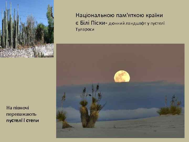 Національною пам'яткою країни є Білі Піски- дюнний ландшафт у пустелі Тулароси На півночі переважають
