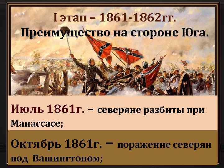 I этап – 1861 -1862 гг. Преимущество на стороне Юга. Июль 1861 г. –