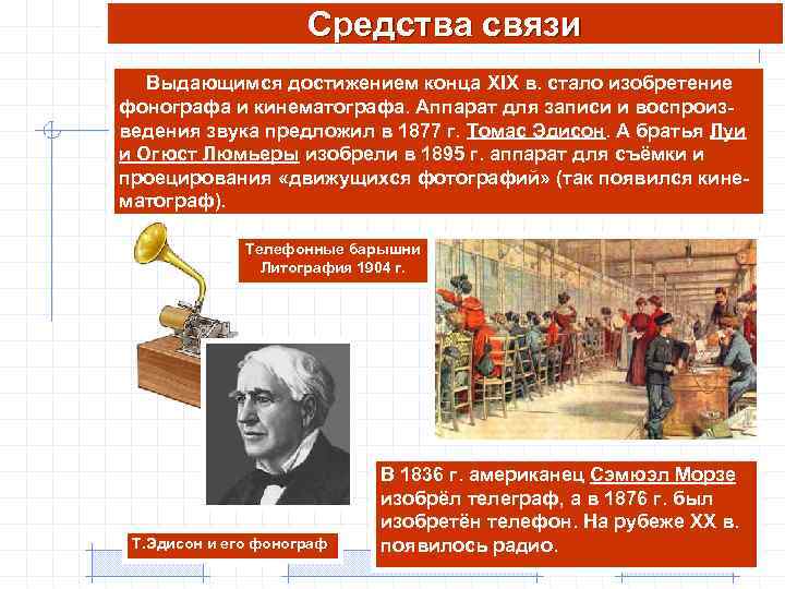 Средства связи Выдающимся достижением конца XIX в. стало изобретение фонографа и кинематографа. Аппарат для