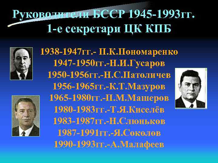Руководители БССР 1945 -1993 гг. 1 -е секретари ЦК КПБ 1938 -1947 гг. -