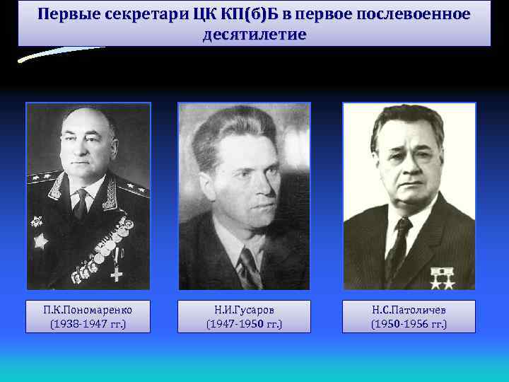 Первые секретари ЦК КП(б)Б в первое послевоенное десятилетие П. К. Пономаренко (1938 -1947 гг.
