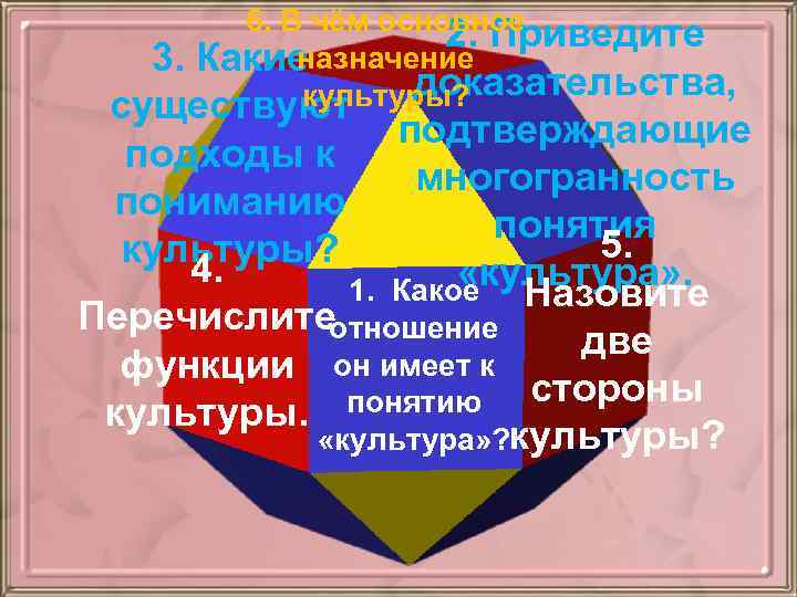 6. В чём основное 2. Приведите назначение 3. Какие доказательства, культуры? существуют подтверждающие подходы