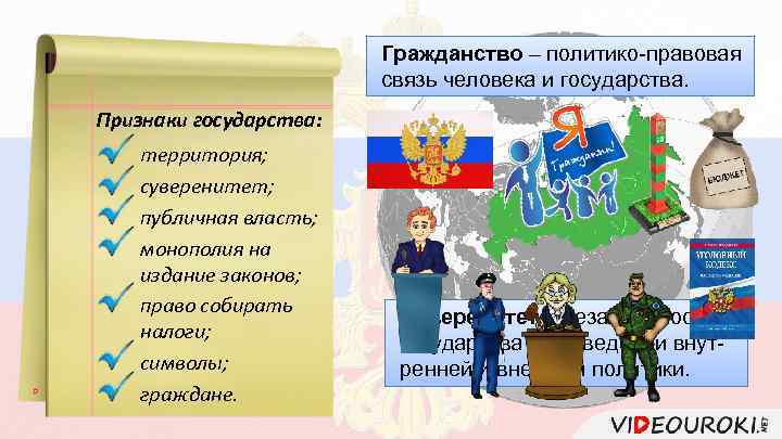 Гражданство – политико-правовая связь человека и государства. Признаки государства: территория; суверенитет; публичная власть; монополия