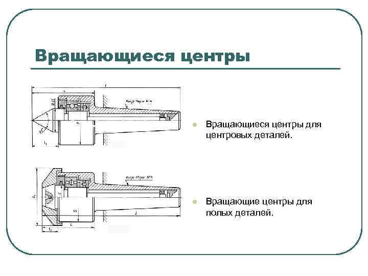 Вращающиеся центры l Вращающиеся центры для центровых деталей. l Вращающие центры для полых деталей.