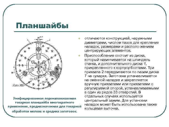 Планшайбы отличаются конструкцией, наружными диаметрами, числом пазов для крепления наладок, размерами и располо жением