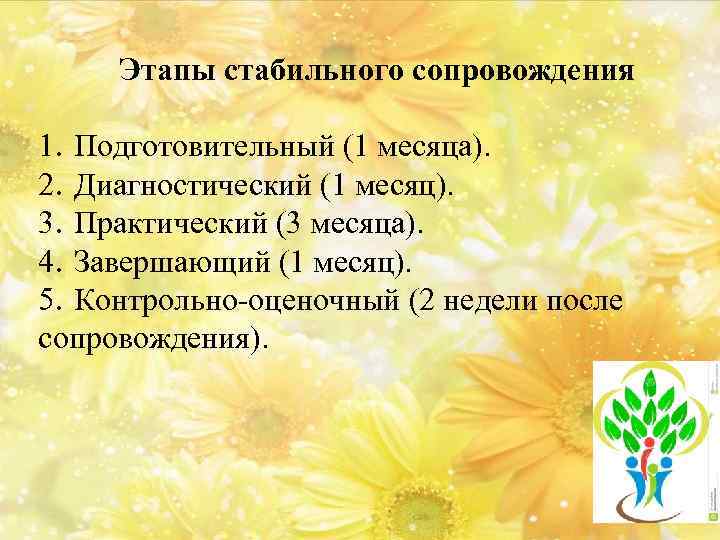 Этапы стабильного сопровождения 1. Подготовительный (1 месяца). 2. Диагностический (1 месяц). 3. Практический (3