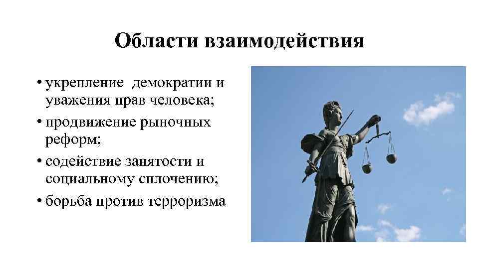 Области взаимодействия • укрепление демократии и уважения прав человека; • продвижение рыночных реформ; •