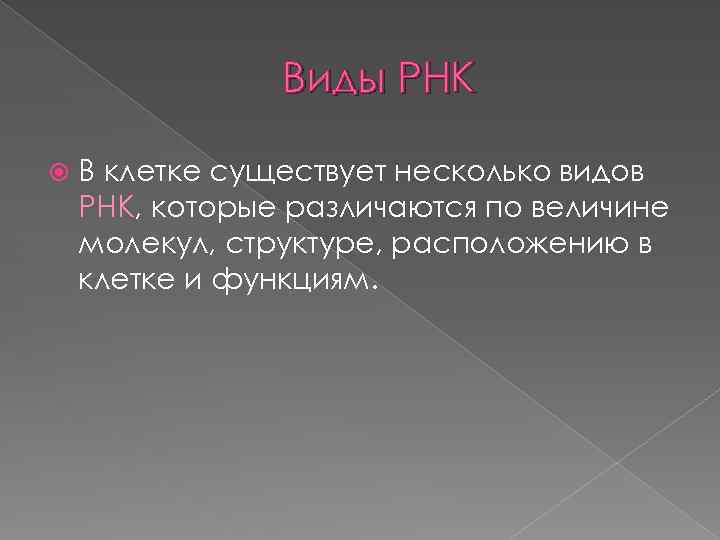Виды РНК В клетке существует несколько видов РНК, которые различаются по величине молекул, структуре,